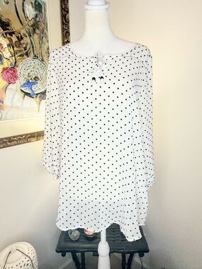 Reitmans Polka Dot Blouse White Black Sheer Tie Neck 3/4 Sleeve Women S